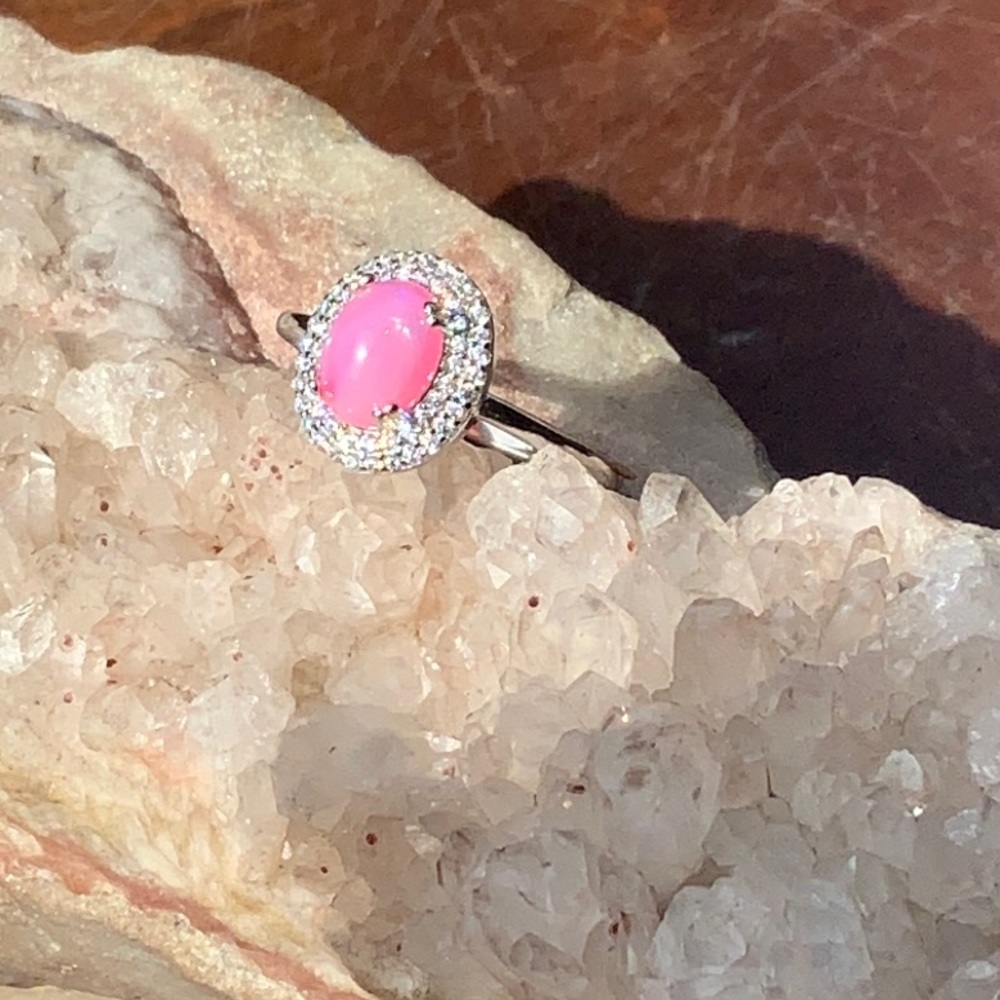 PINK FIRE OPAL & CZ 925 STERLING SILVER RING, SIZE 8